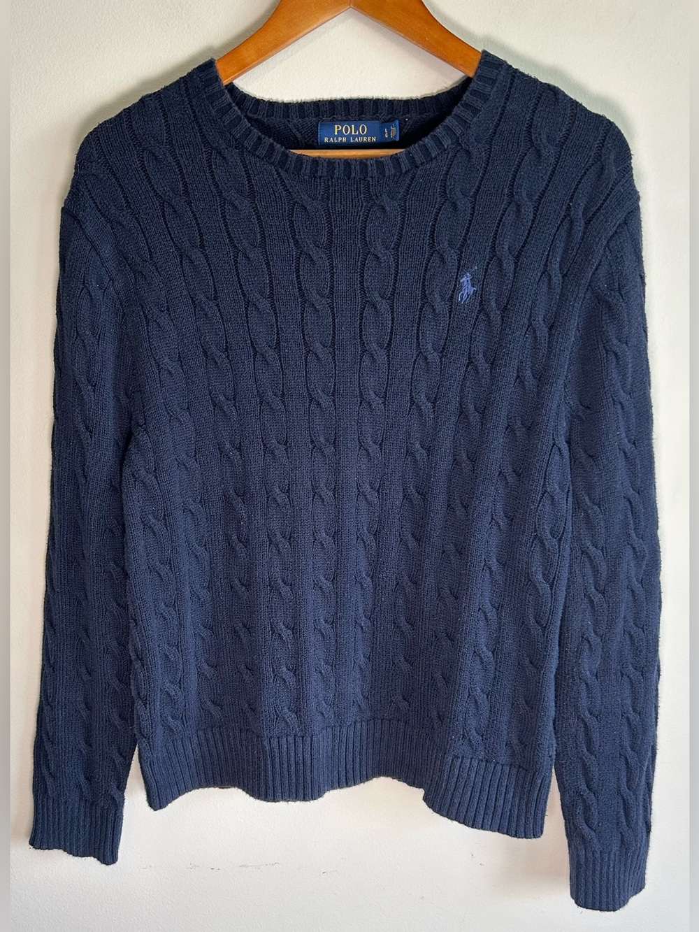 Polo Ralph Lauren Sweater Cable Knit Crew Neck Pullover Men’s L Navy Blue